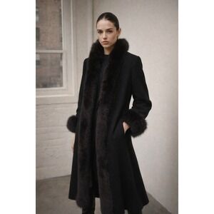 Vintage Black Lambswool Fur Trim Coat Maxi Penny Lane Parisian Old Money Chic
